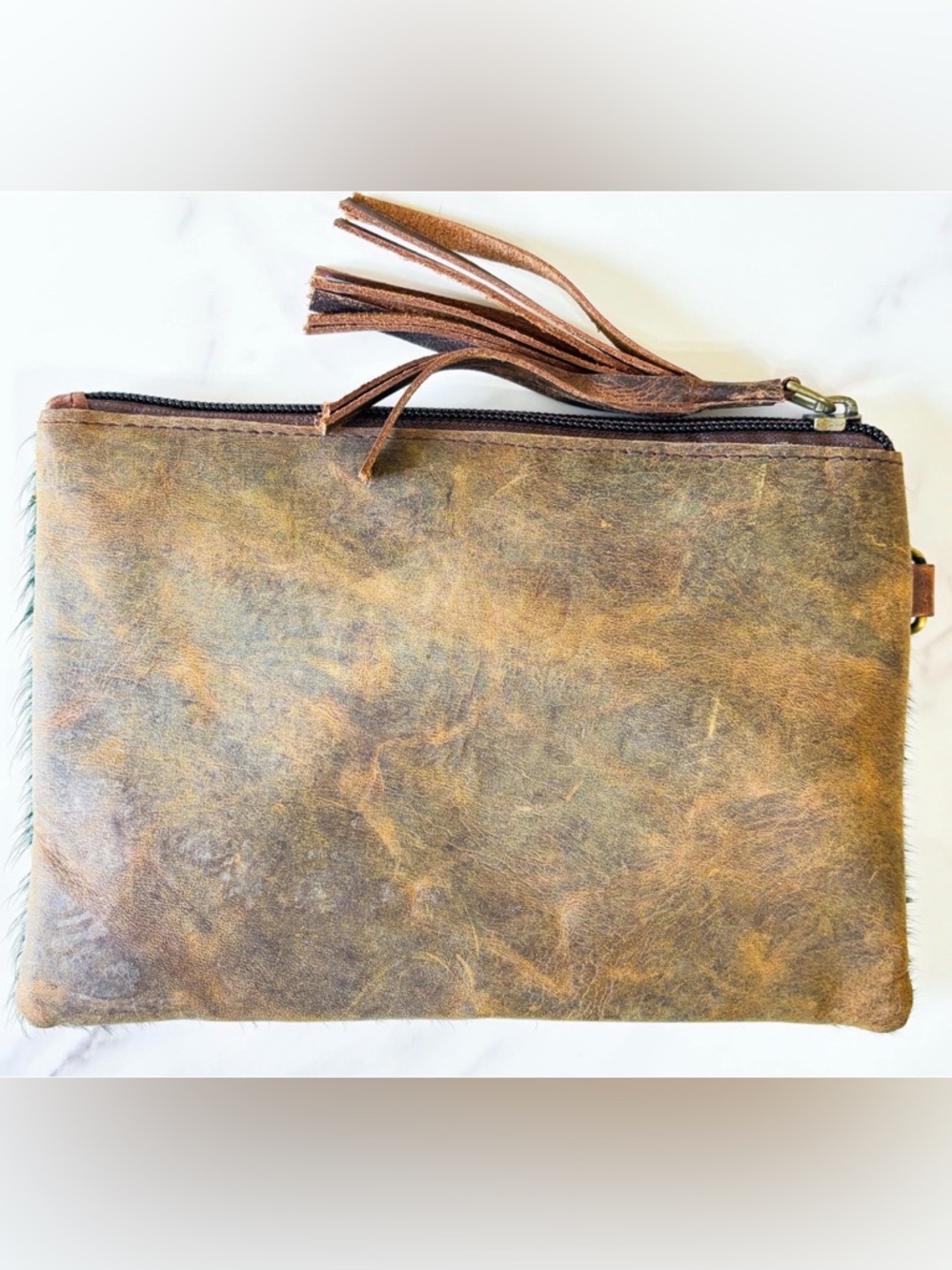 Hunter Green Gold Hair On Hide Wristlet Clutch Distressed Leather Tassel New - Picture 3 of 3